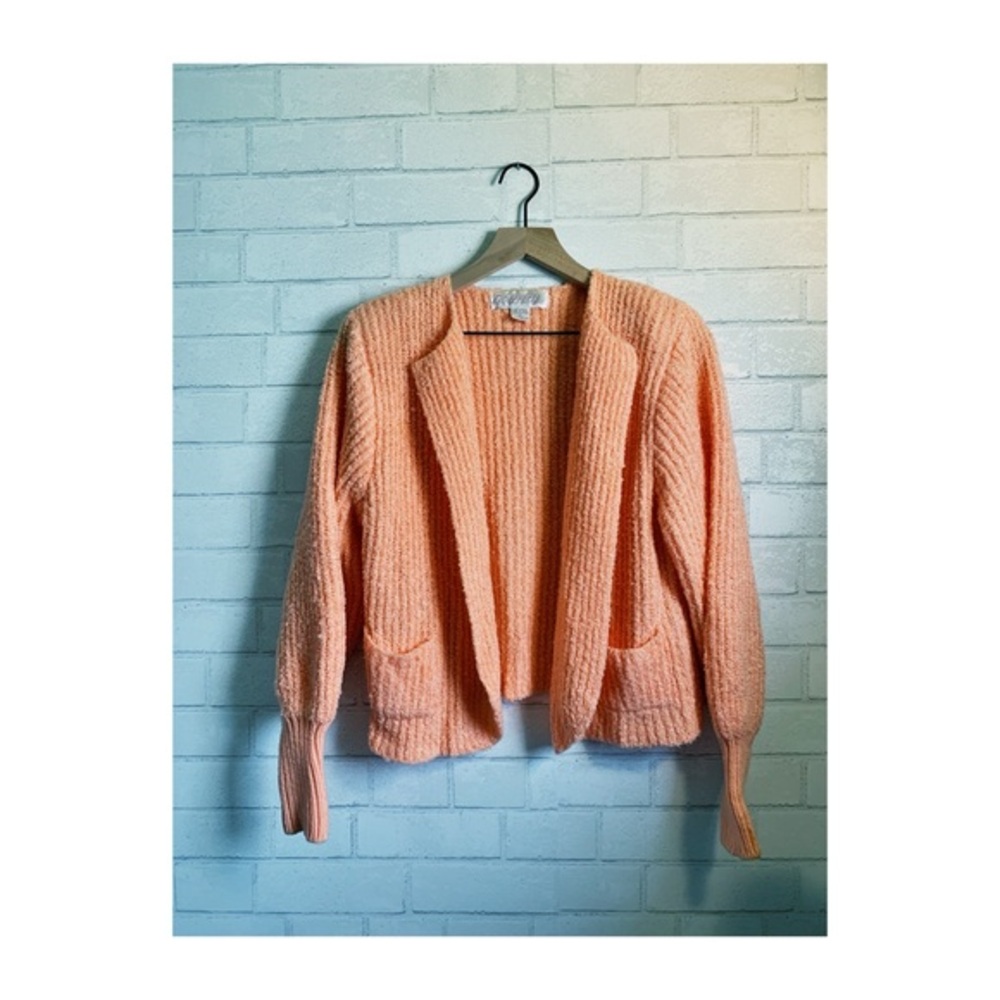Women’s Vintage Peach 🍑 Pink Acrylic Soft Knit Open Cardigan Sweater M/L